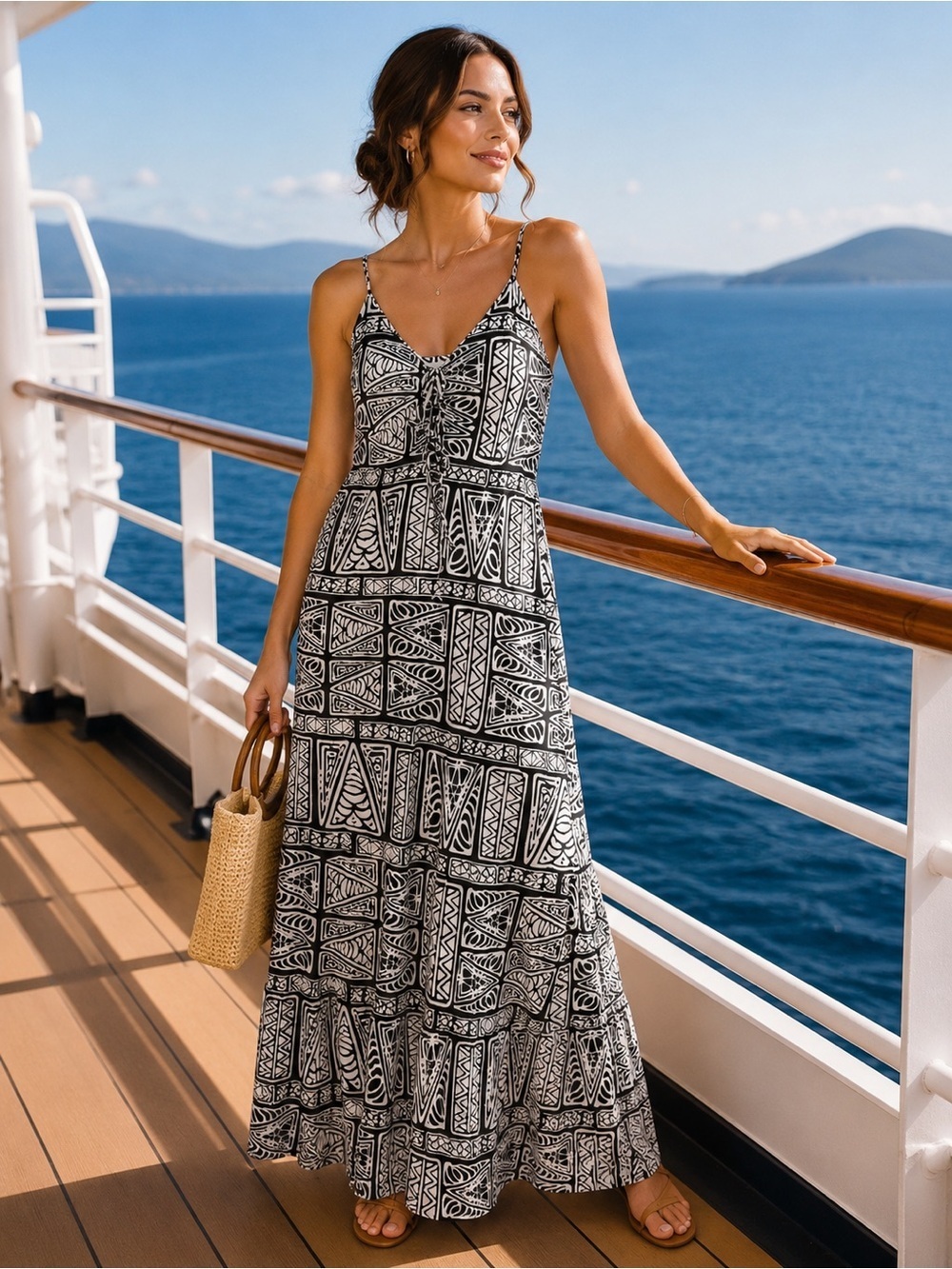 O’Neil Black and white tribal print cotton midi dress